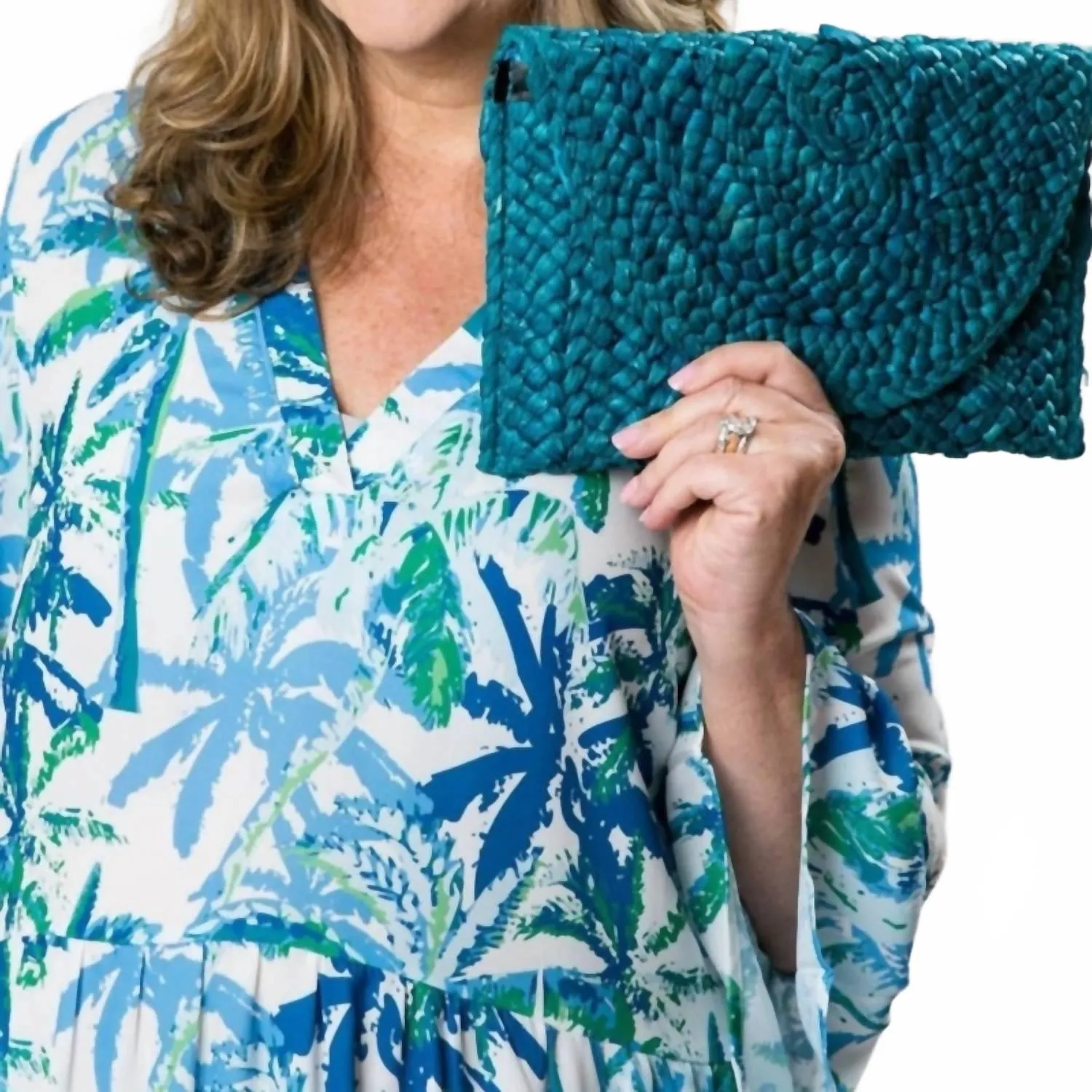 Women's Eliza Rattan Woven Straw Clutch In Turquoise Blue