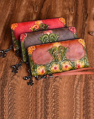 Womens Floral Brown Leather Wristlet Wallets Flowers Zip Around Wallet Floral Ladies Zipper Clutch Wallet for Women