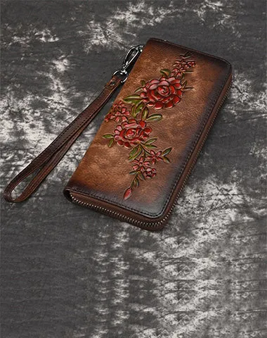 Womens Flowers Black Leather Zip Around Wallet Wristlet Wallet Floral Ladies Zipper Clutch Wallet for Women