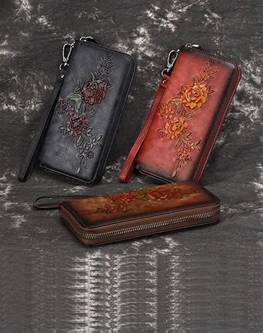 Womens Flowers Black Leather Zip Around Wallet Wristlet Wallet Floral Ladies Zipper Clutch Wallet for Women