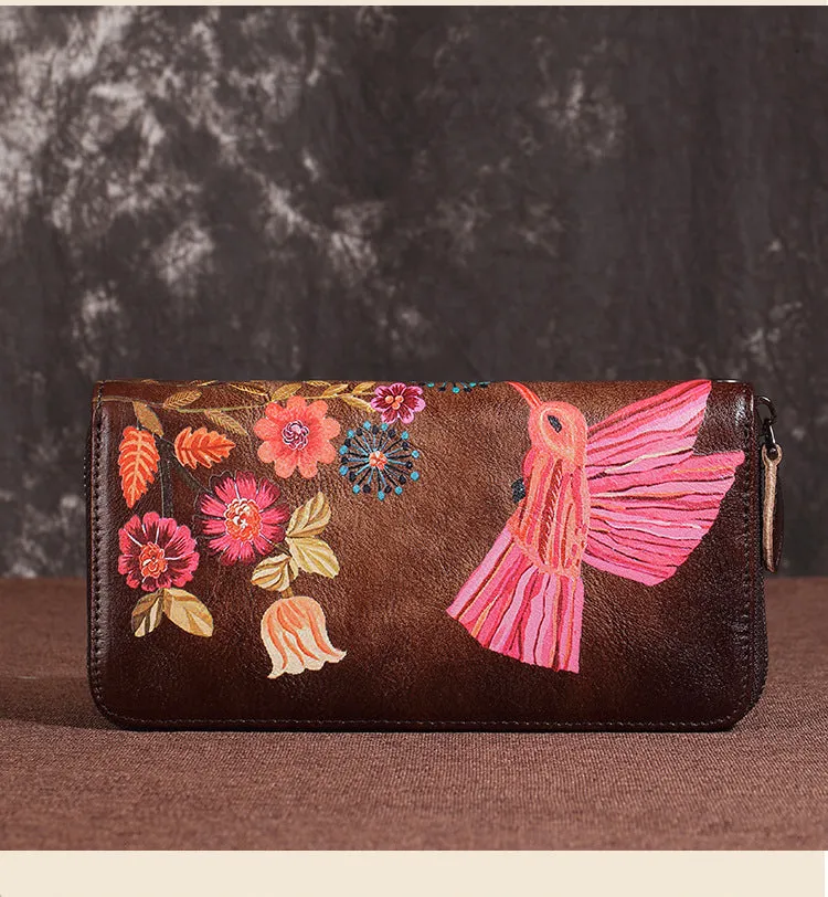 Womens Hummingbird Coffee Leather Wristlet Wallet Floral Ladies Zipper Clutch Wallet Zip Around Wallet for Women