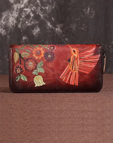 Womens Hummingbird Coffee Leather Wristlet Wallet Floral Ladies Zipper Clutch Wallet Zip Around Wallet for Women