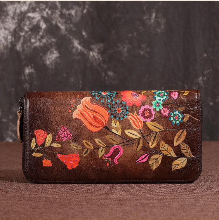 Womens Hummingbird Coffee Leather Wristlet Wallet Floral Ladies Zipper Clutch Wallet Zip Around Wallet for Women