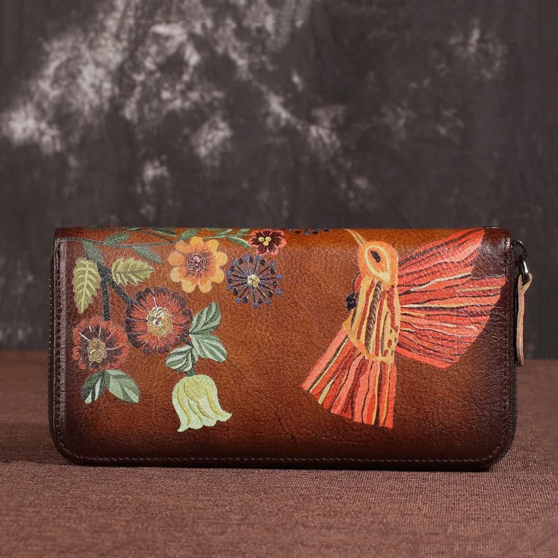 Womens Hummingbird Coffee Leather Wristlet Wallet Floral Ladies Zipper Clutch Wallet Zip Around Wallet for Women