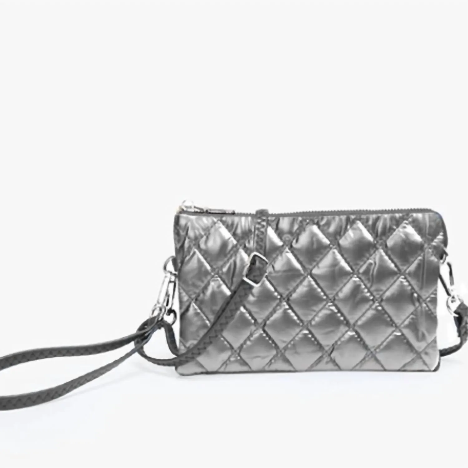 Women's Nylon Puffer Quilt 3 Compartment Convertible Wristlet In Graphite
