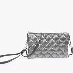 Women's Nylon Puffer Quilt 3 Compartment Convertible Wristlet In Graphite