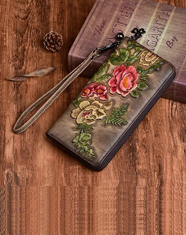 Womens Peony Flower Red Leather Zip Around Wallet Wristlet Wallet Floral Ladies Zipper Clutch Wallet for Women