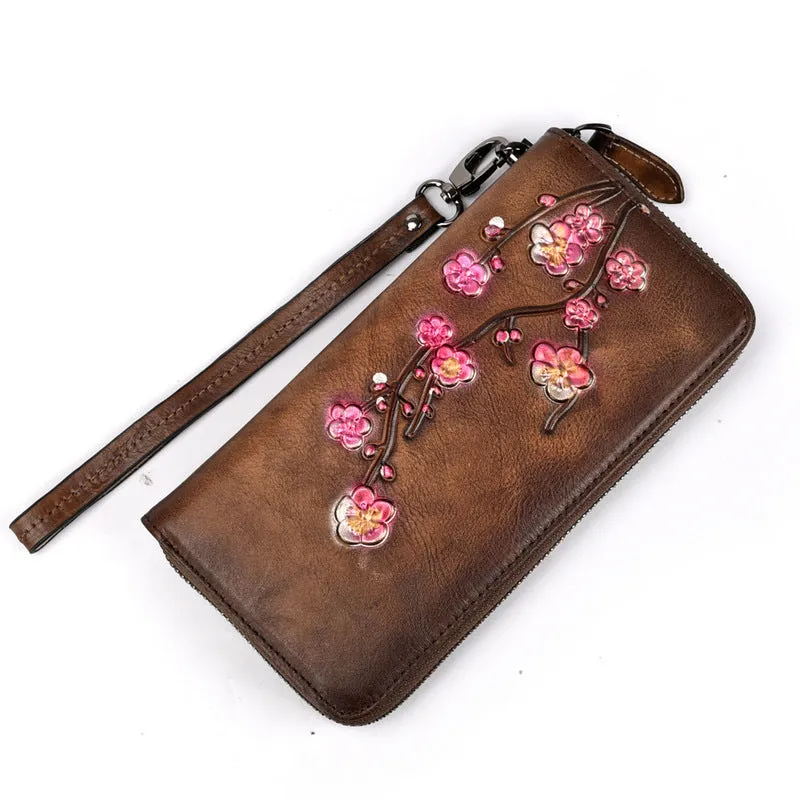 Womens Plum Blossom Flower Red Leather Zip Around Wallet Wristlet Wallet Flower Ladies Zipper Clutch Wallet for Women