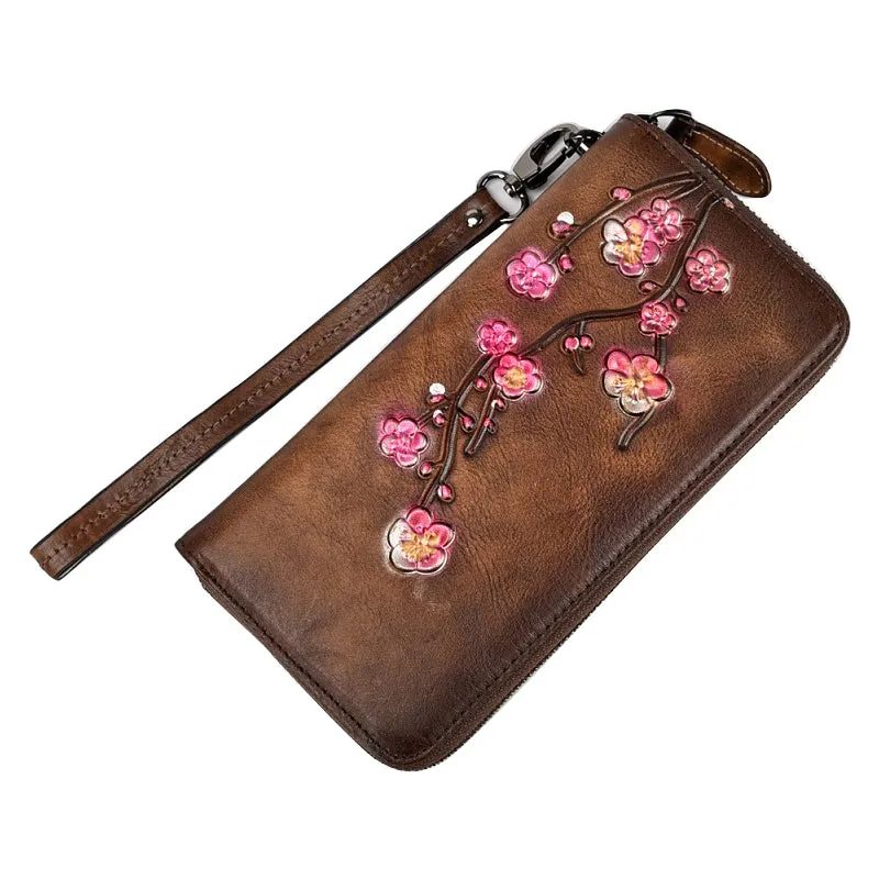 Womens Plum Blossom Flower Red Leather Zip Around Wallet Wristlet Wallet Flower Ladies Zipper Clutch Wallet for Women