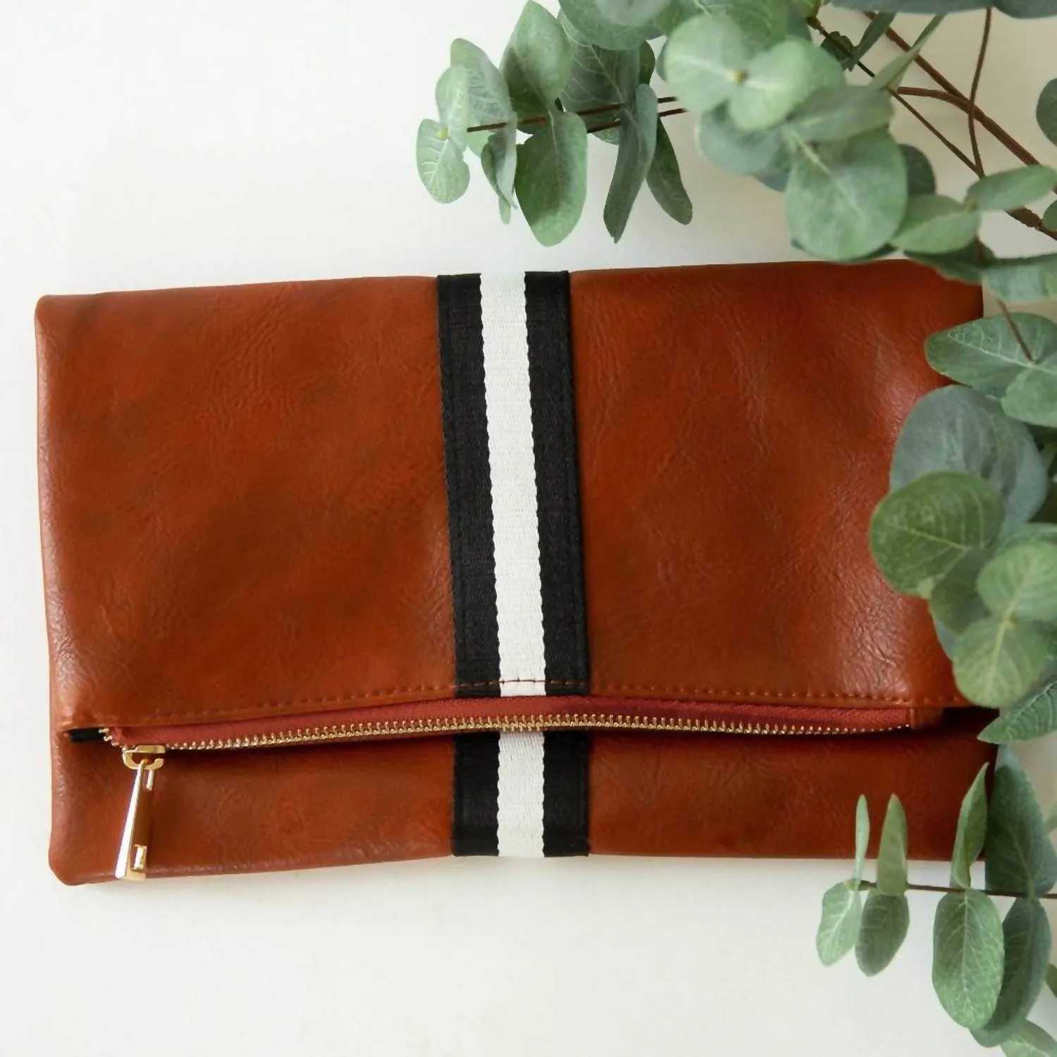 Women's Preppy Stripe Foldover Clutch In Cognac With Black/white Stripe