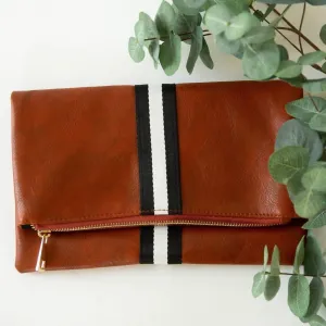 Women's Preppy Stripe Foldover Clutch In Cognac With Black/white Stripe
