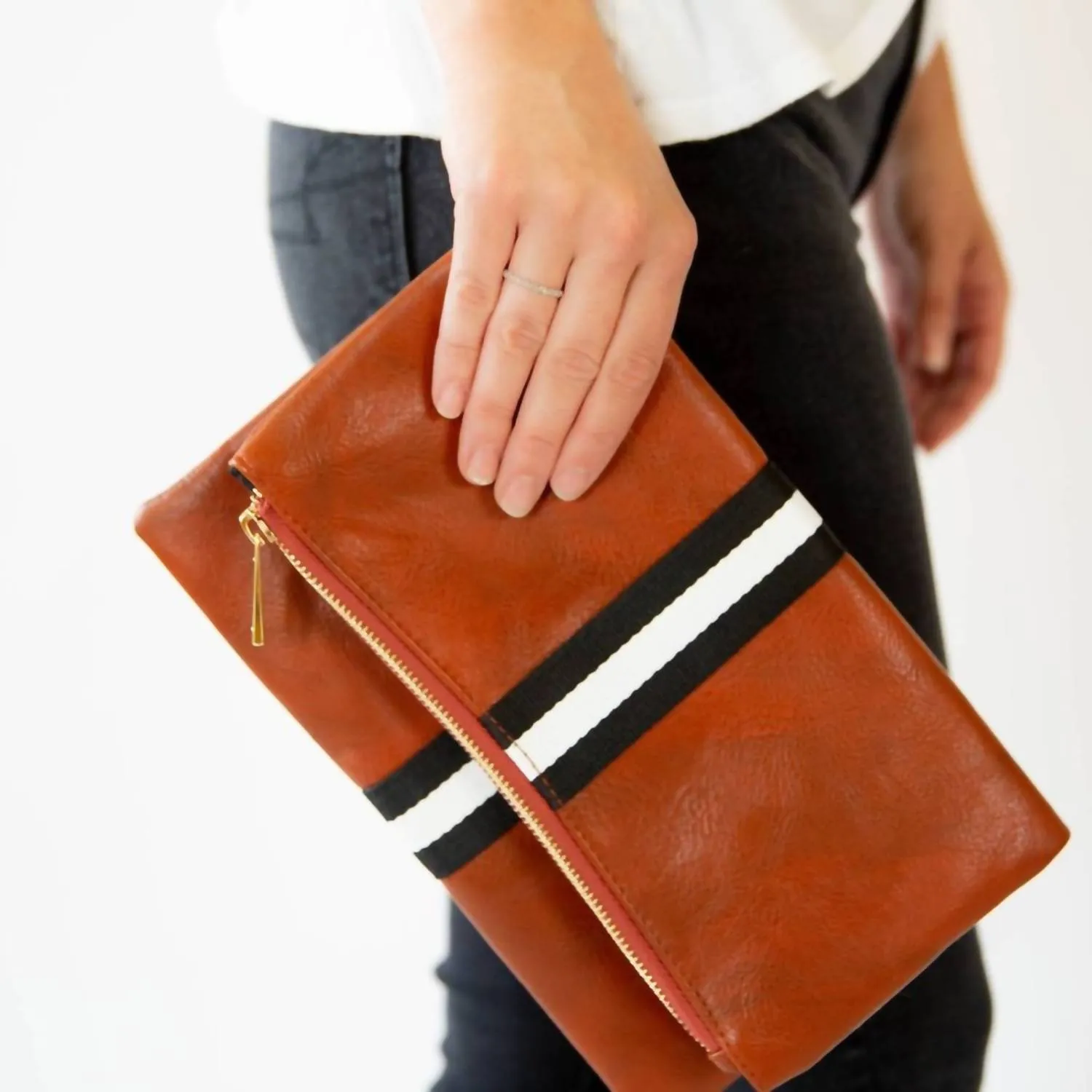Women's Preppy Stripe Foldover Clutch In Cognac With Black/white Stripe