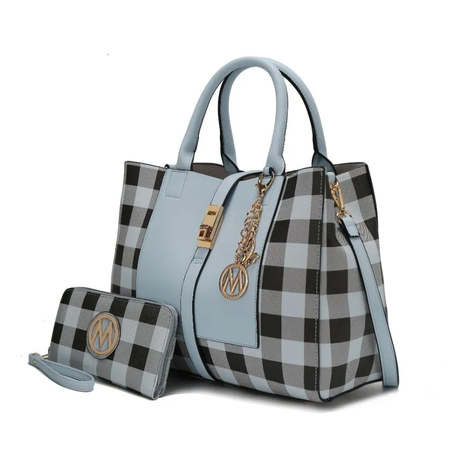 Yuliana Checkered Satchel Bag with Wallet