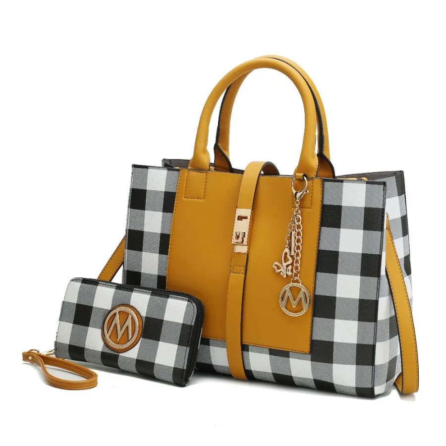 Yuliana Checkered Satchel Bag with Wallet