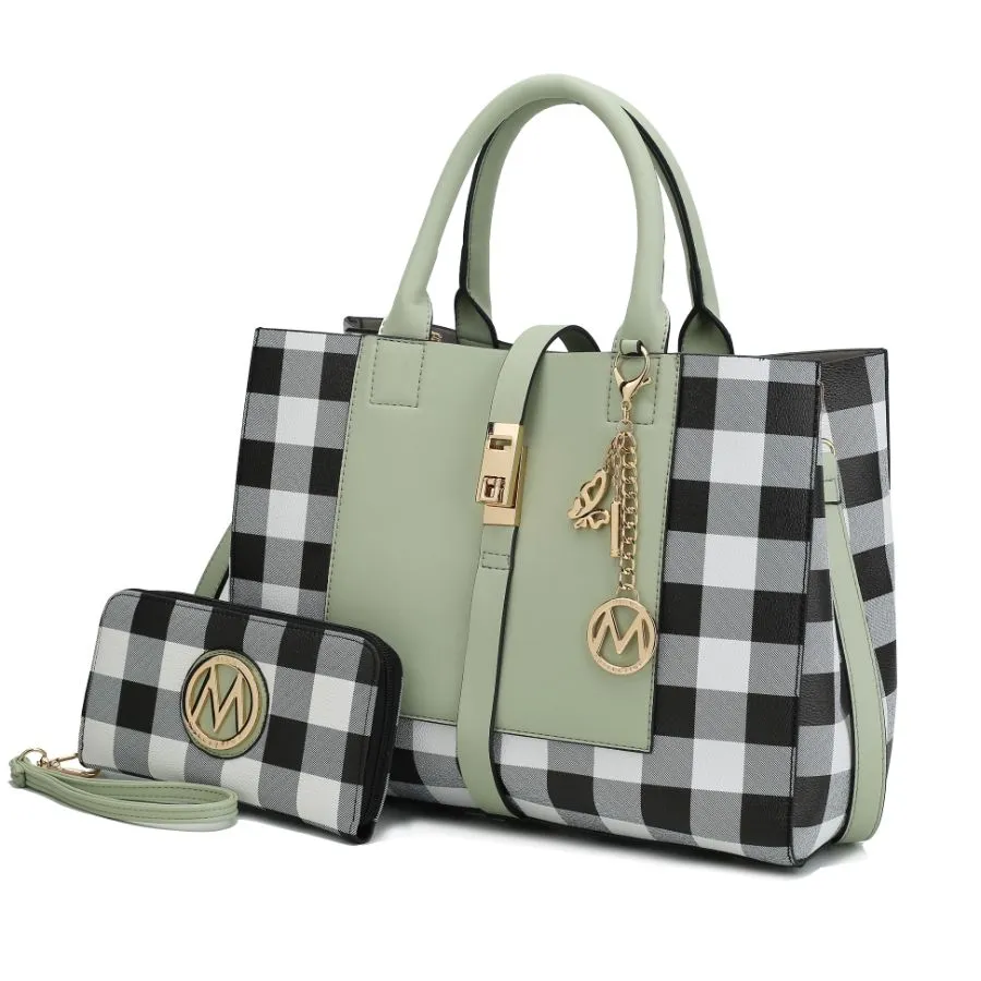 Yuliana Checkered Satchel Bag with Wallet