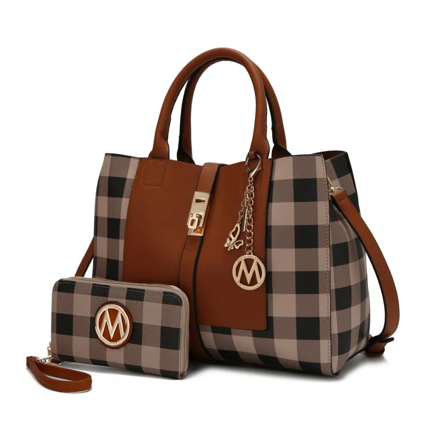 Yuliana Checkered Satchel Bag with Wallet