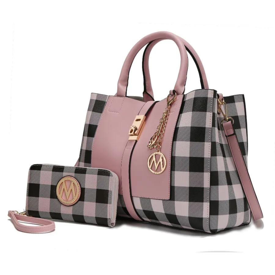 Yuliana Checkered Satchel Bag with Wallet