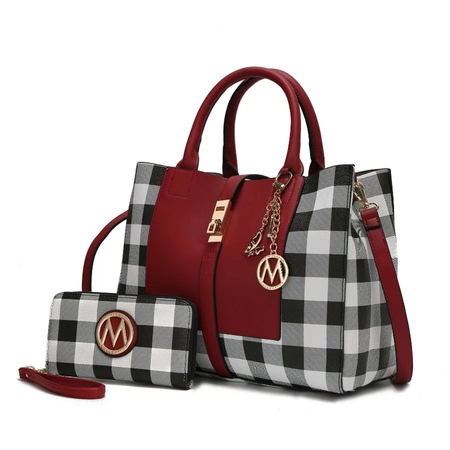 Yuliana Checkered Satchel Bag with Wallet