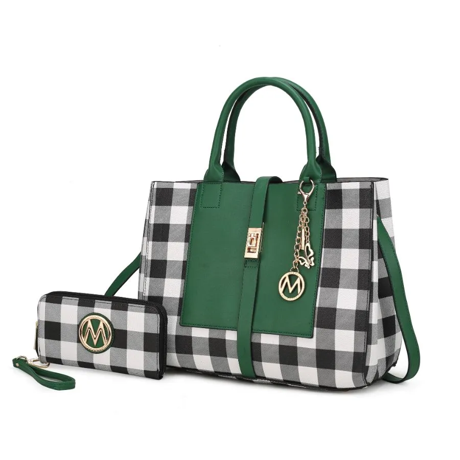 Yuliana Checkered Satchel Bag with Wallet